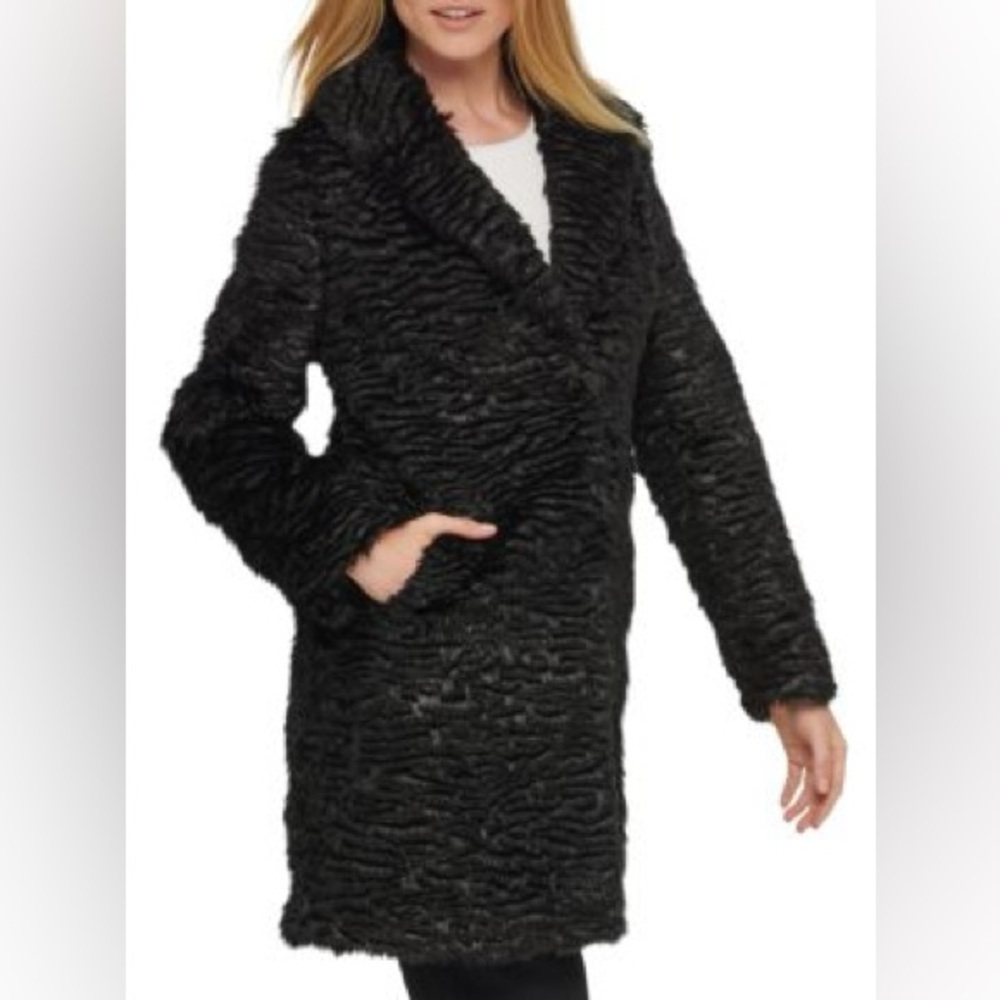 VINCE CAMUTO | Black Teddy Jacket Plush Texture Mid-Length